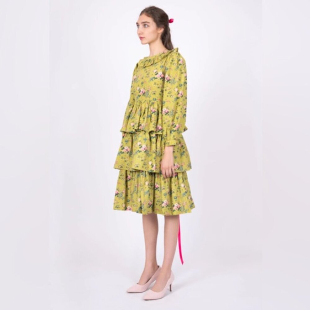 Batsheva X Laura Ashley Welsh Ruffled Floral 100% Cotton Dress Lime Green Size L